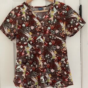 Disney Tinkerbell Women’s Short Sleeve Scrub Top W Scrunch Back + Pockets Sz Sm